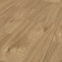 Laminatboden ExcellCredenza Oak, helle Holzoptik mit Fugen, verlegt.