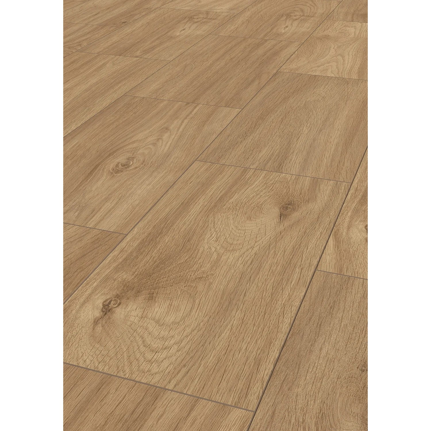 Laminatboden ExcellCredenza Oak, helle Holzoptik mit Fugen, verlegt.