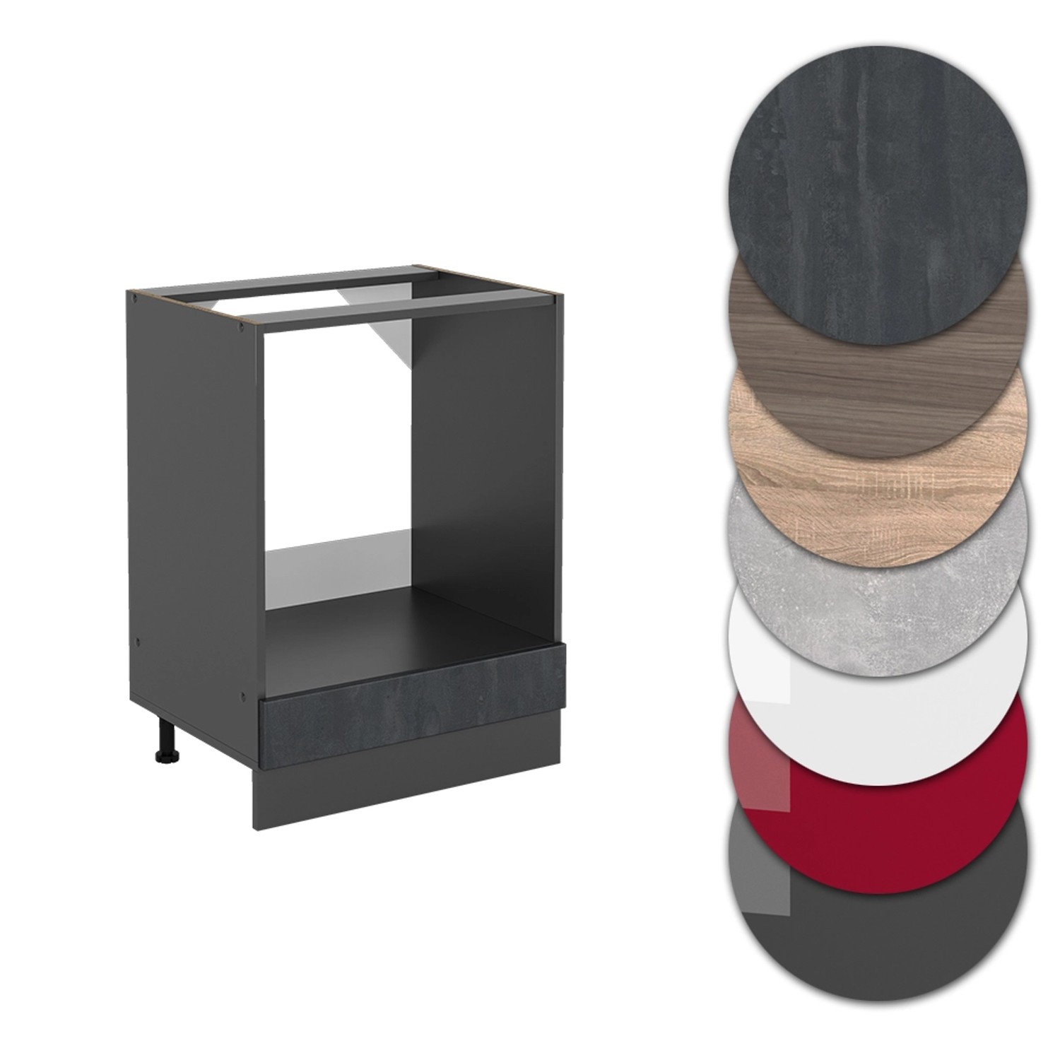 Vicco Herdumbauschrank R-Line, schwarz/anthrazit mit Marmor Arbeitsplatte, 60 cm. Küchenschrank für Einbauherd.