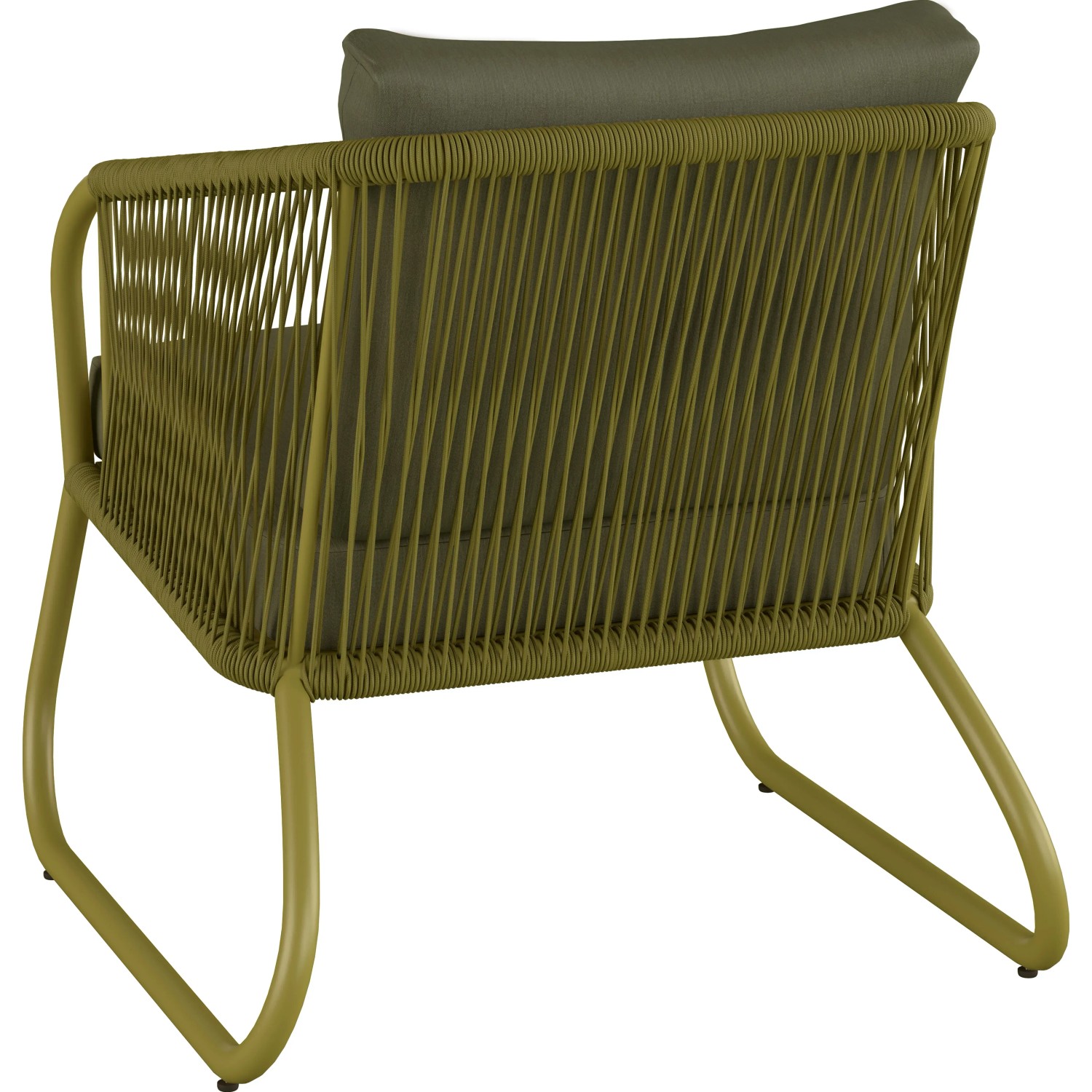 Detailansicht Lounge-Sessel des 4-teiligen Lounge-Set Scafford mit Seilbespannung in Oliv.
