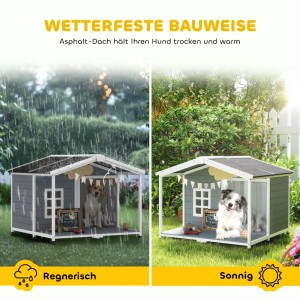 Grau-weiße PawHut Hundehütte aus Tannenholz mit Asphalt-Dach und Veranda, wetterfest für Regen und Sonne.