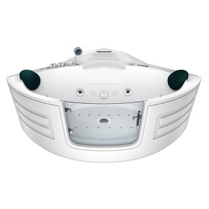 AcquaVapore Eck-Whirlpool W70-SC 150x150 mit Tür. Weiße Badewanne mit Nackenkissen und Armaturen.