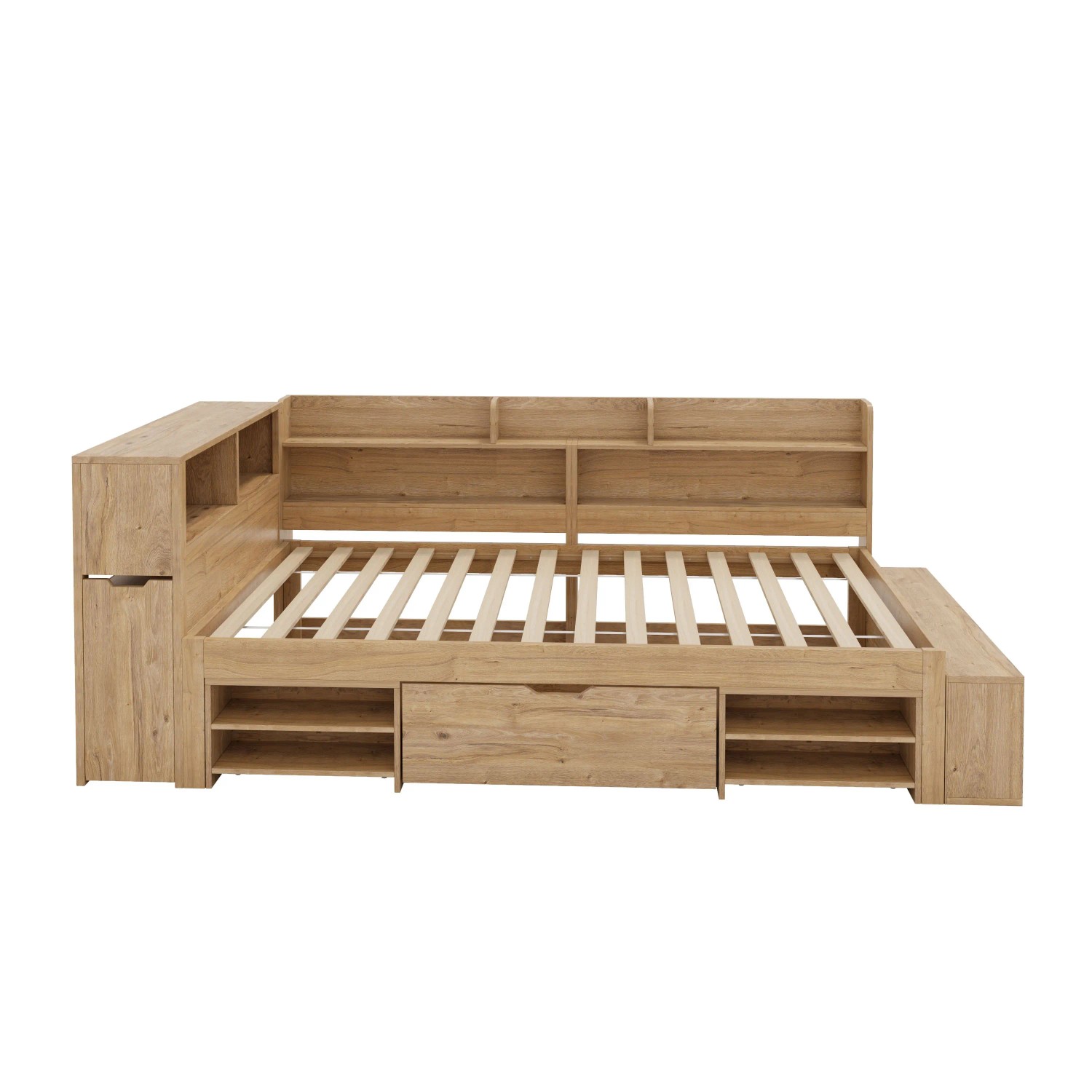 ModernLuxe Kinderbett 90 x 200 cm mit Schiebe Nachttischschubladen und Regal Sperrholz Natur