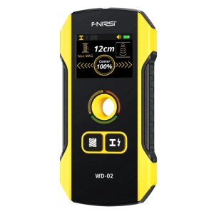 FNIRSI WD-02 Wandscanner, schwarz-gelb, mit Farbdisplay zeigt 12cm Tiefe. Prüfwerkzeug für Metall, Holz, Leitungen.