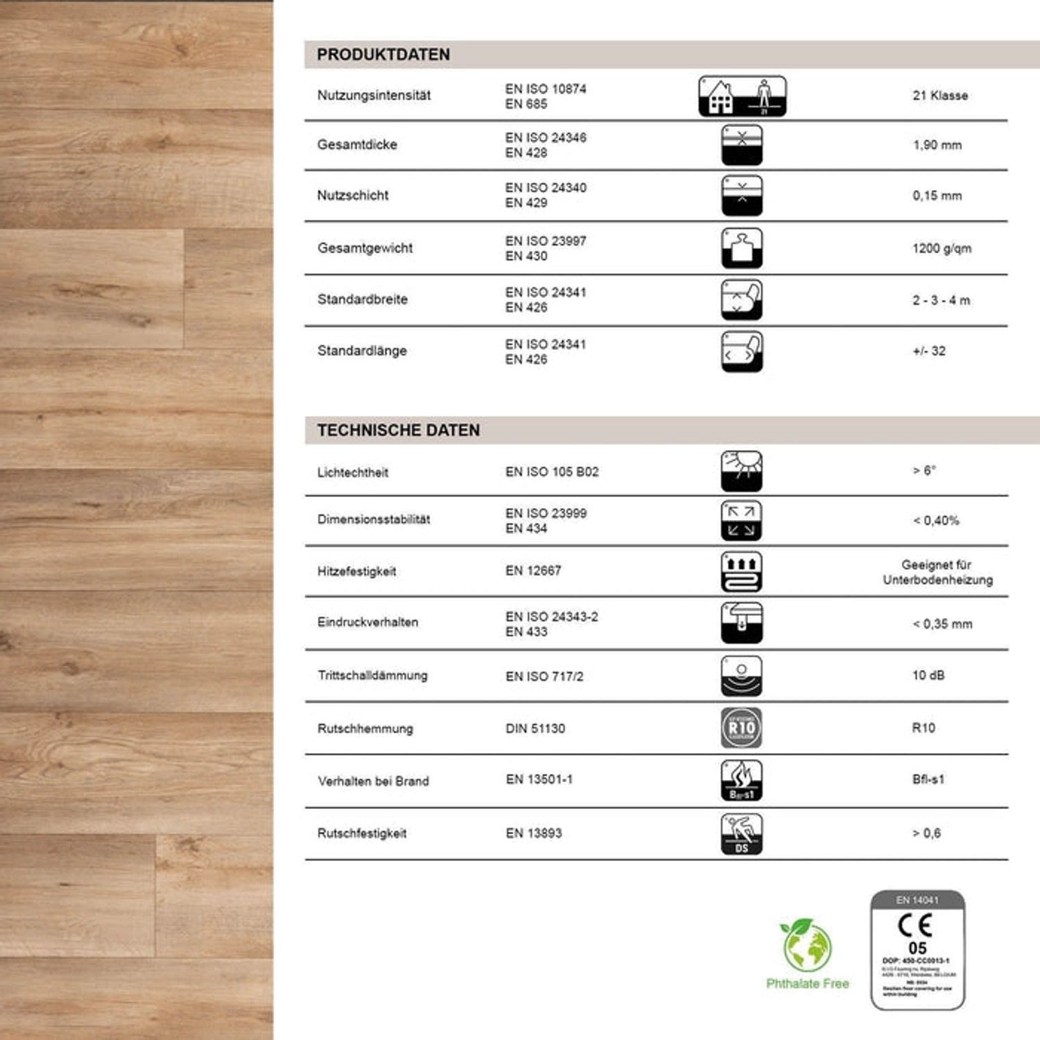 Karat CV Bodenbelag Atlantic Silk Oak, Holzoptik. Detailaufnahme der Produktdaten und technischen Daten.