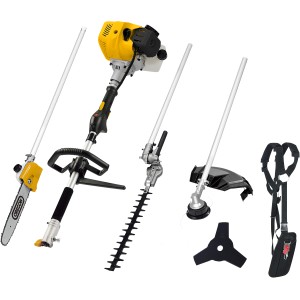 Texas Benzin-Multimaschine 4 in 1 mit Heckenschere, Kettensäge, Trimmerkopf und 3-Zahn-Klinge.