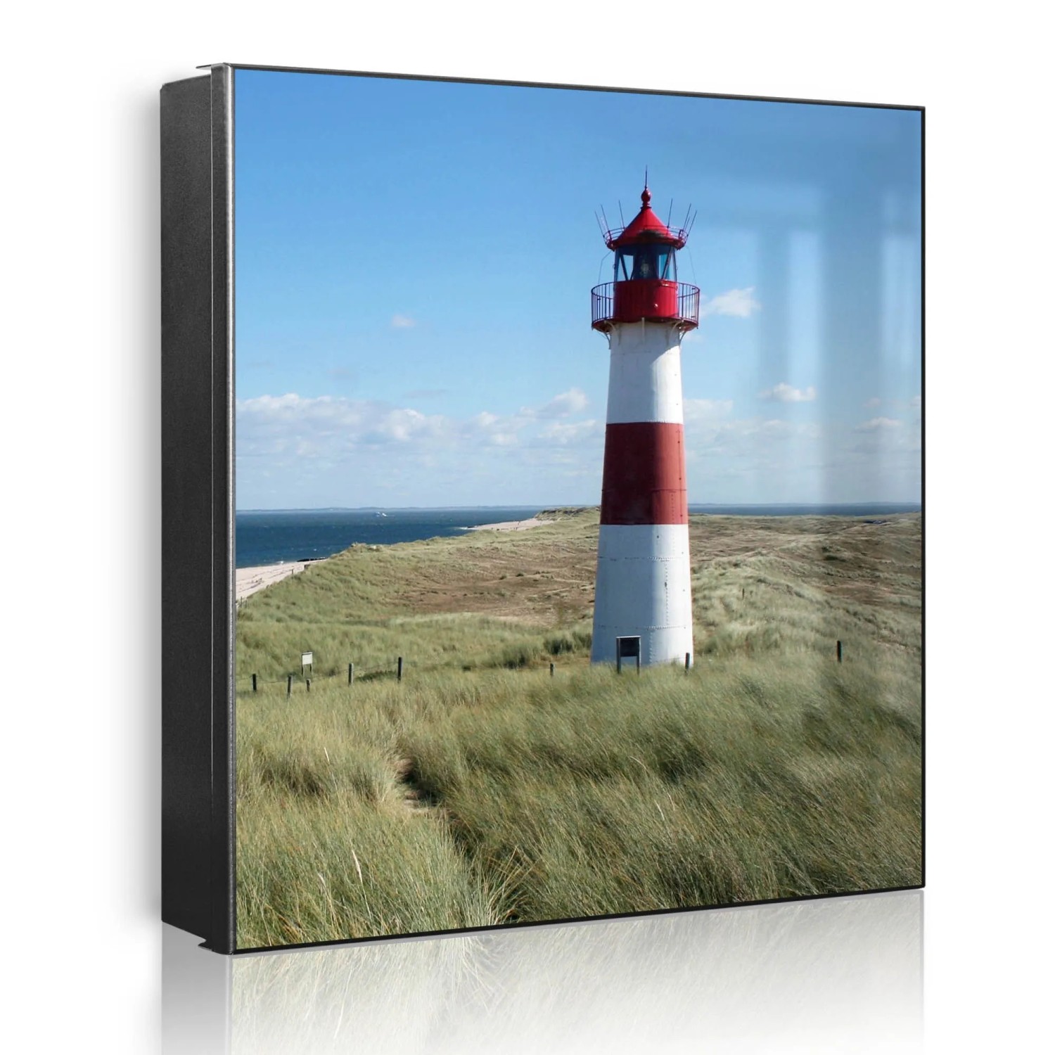 Banjado Großer Schlüsselkasten Metall 30x30cm Schwarz Scharnier Links 50 Haken Beschreibbar Magnetisch Motiv Leuchtturm