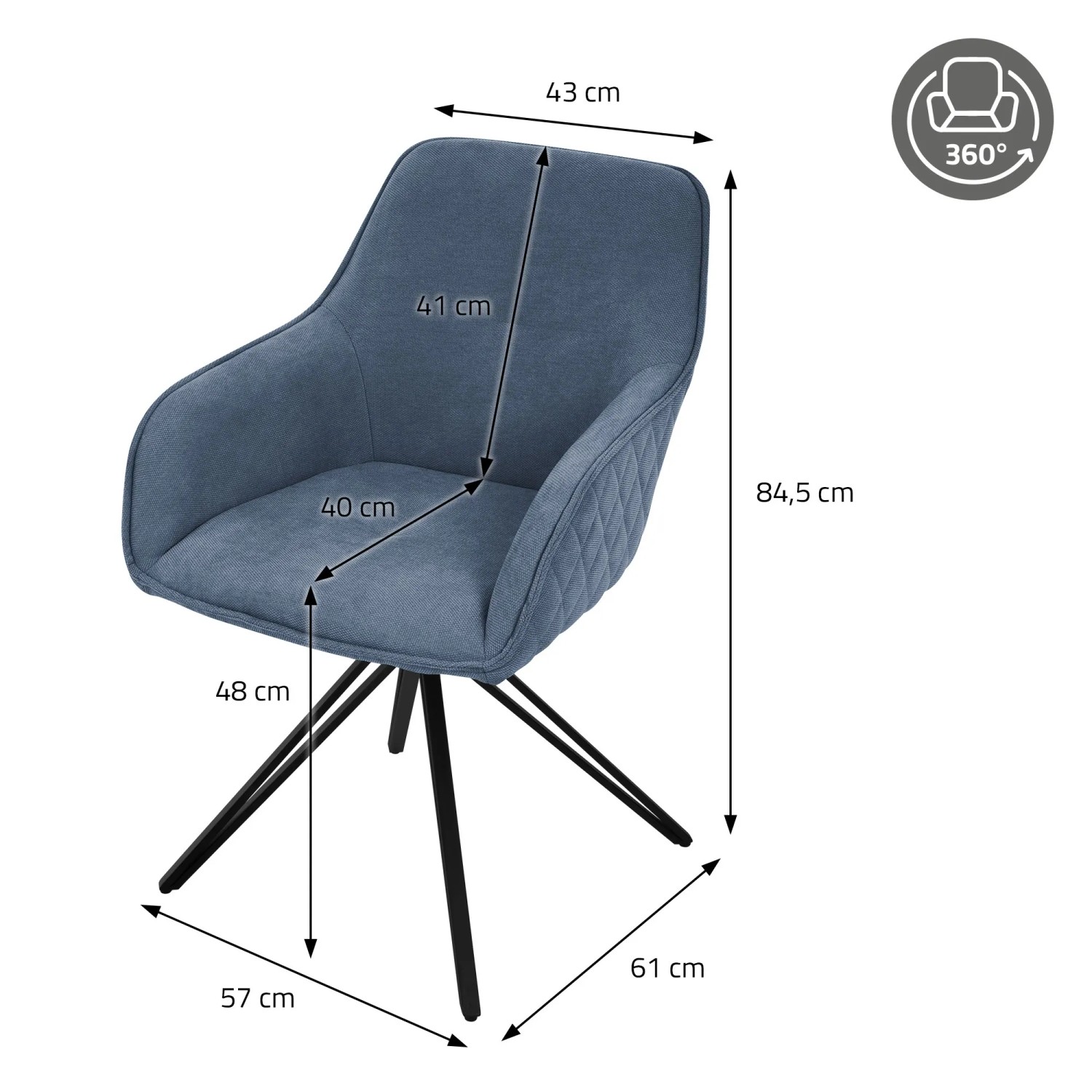 Blauer, drehbarer Esszimmerstuhl aus Webstoff mit Armlehne von ML-Design.