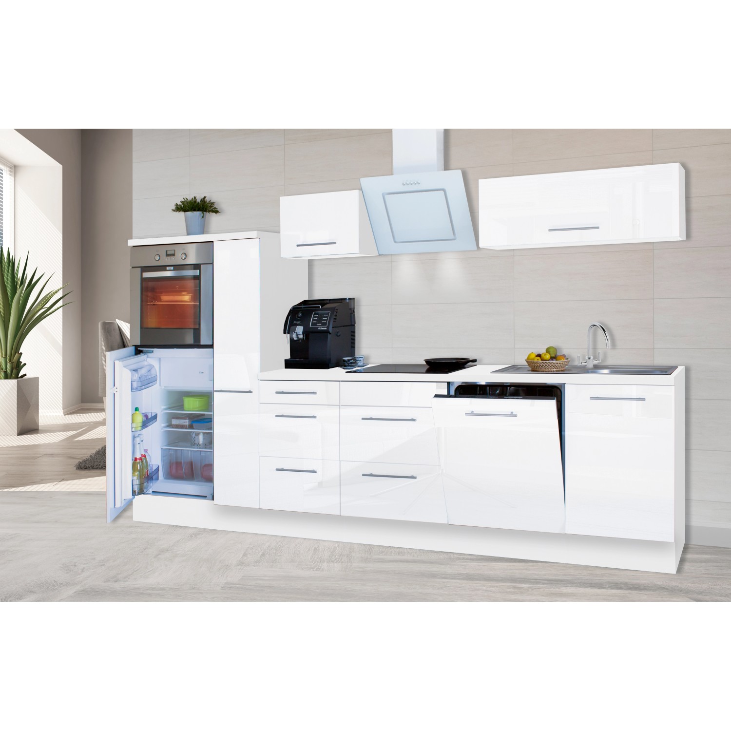 Respekta Premium Küchenzeile 310 cm in Weiß Hochglanz mit E-Geräten und viel Stauraum.