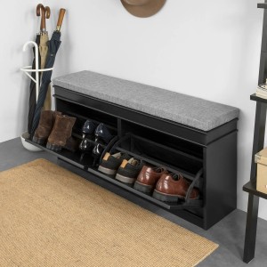 Schwarze SoBuy Sitzbank FSR64-SCH mit grauem Sitzkissen und Schuhfächern.