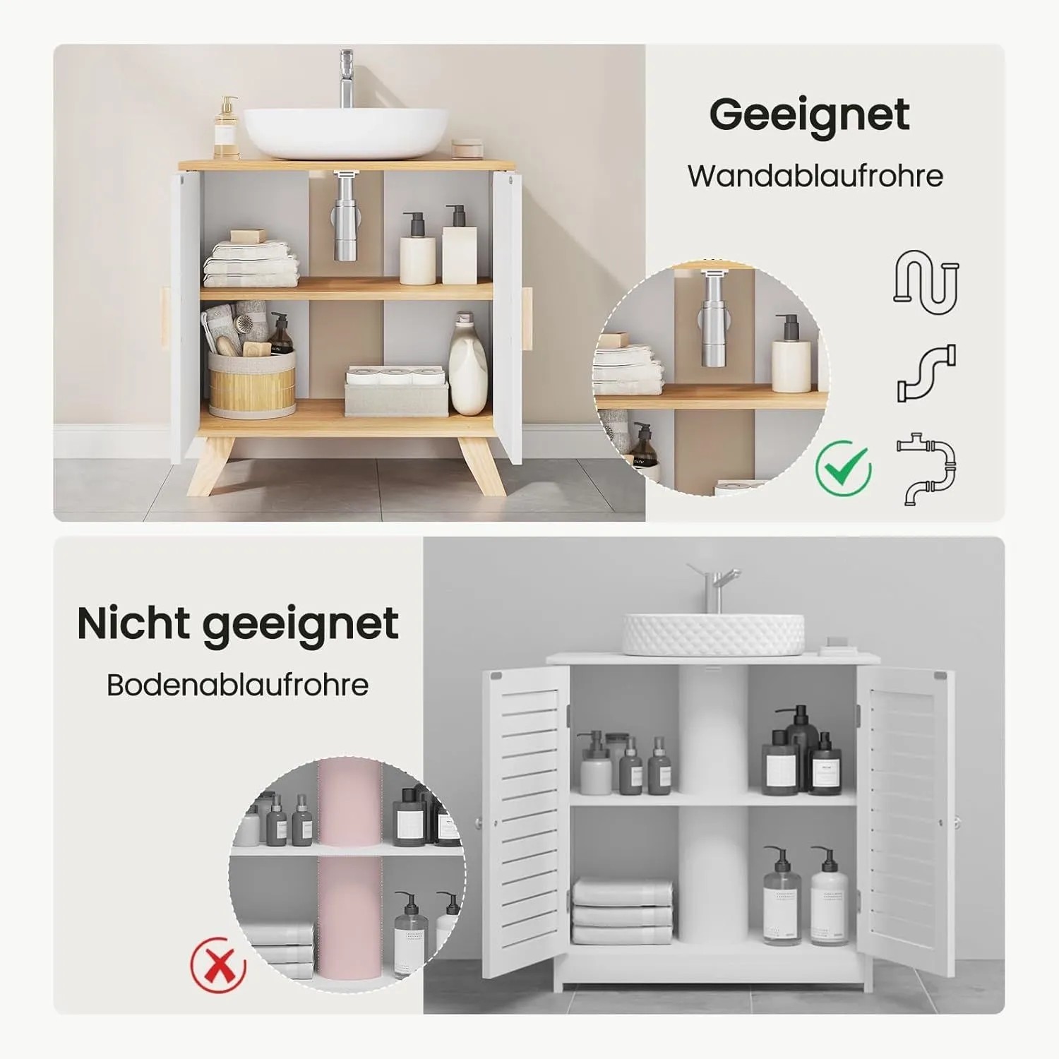 Weißer Waschbeckenunterschrank 60x30x60 cm mit 2 Türen, Holzdetails. Geeignet für Wandablaufrohre, nicht für Bodenablaufrohre.