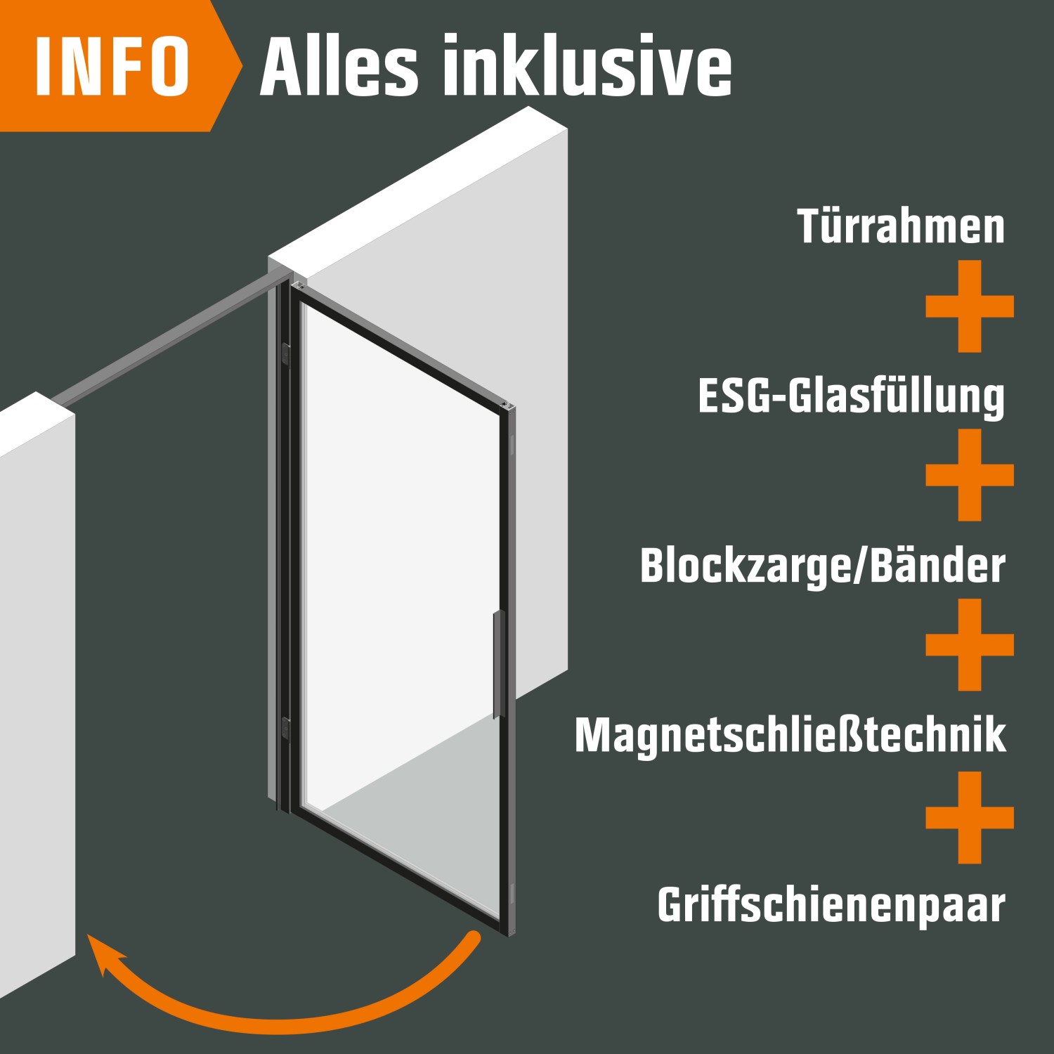Loft+Mehr Drehtür-Set mit Blockzarge, Griff und ESG Glas geöffnet dargestellt.