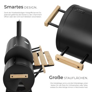 Schwarzer Tectake 2-in-1 Holzkohlegrill mit Holzgriffen und praktischer Holzablage; zwei Kammern zum Grillen und Räuchern.