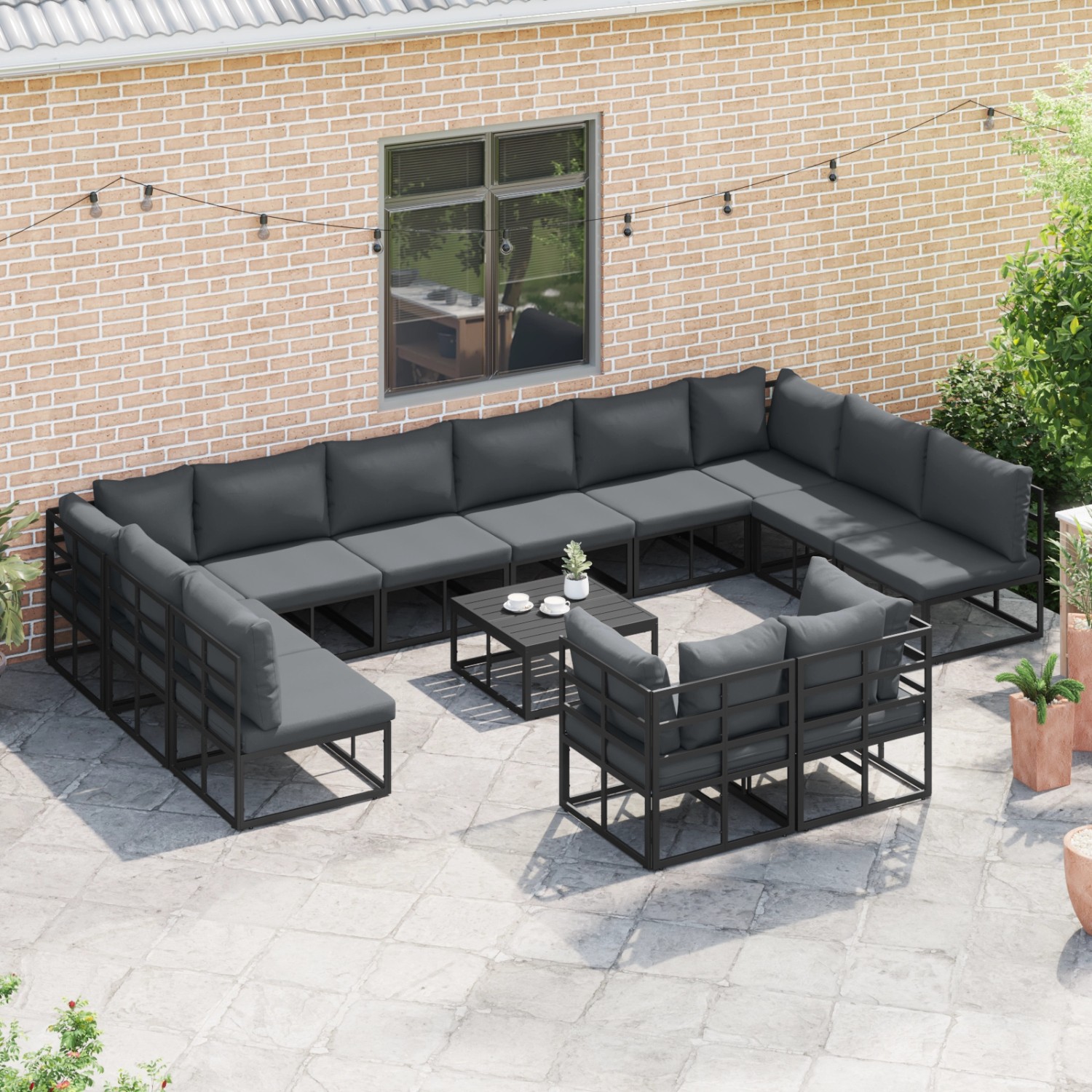 Schwarzes 12-teiliges vidaXL Garten-Sofa-Set mit Kissen und Aluminiumrahmen. Gartenmöbel für Terrasse und Garten.