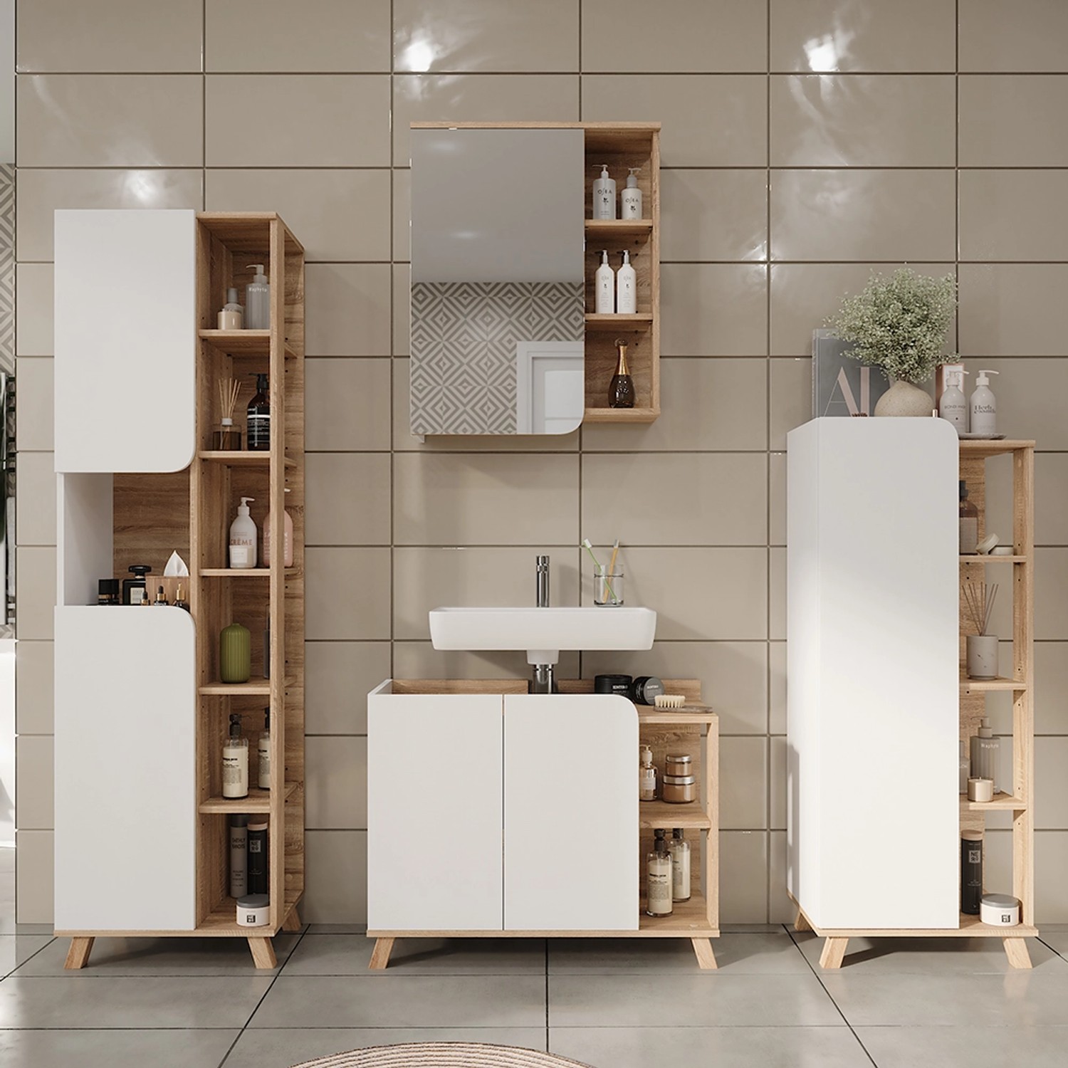 Vicco Badmöbel-Set Karen, 4-teilig in Sonoma/Weiß: Waschbeckenunterschrank, Spiegelschrank, Regal, Hochschrank.