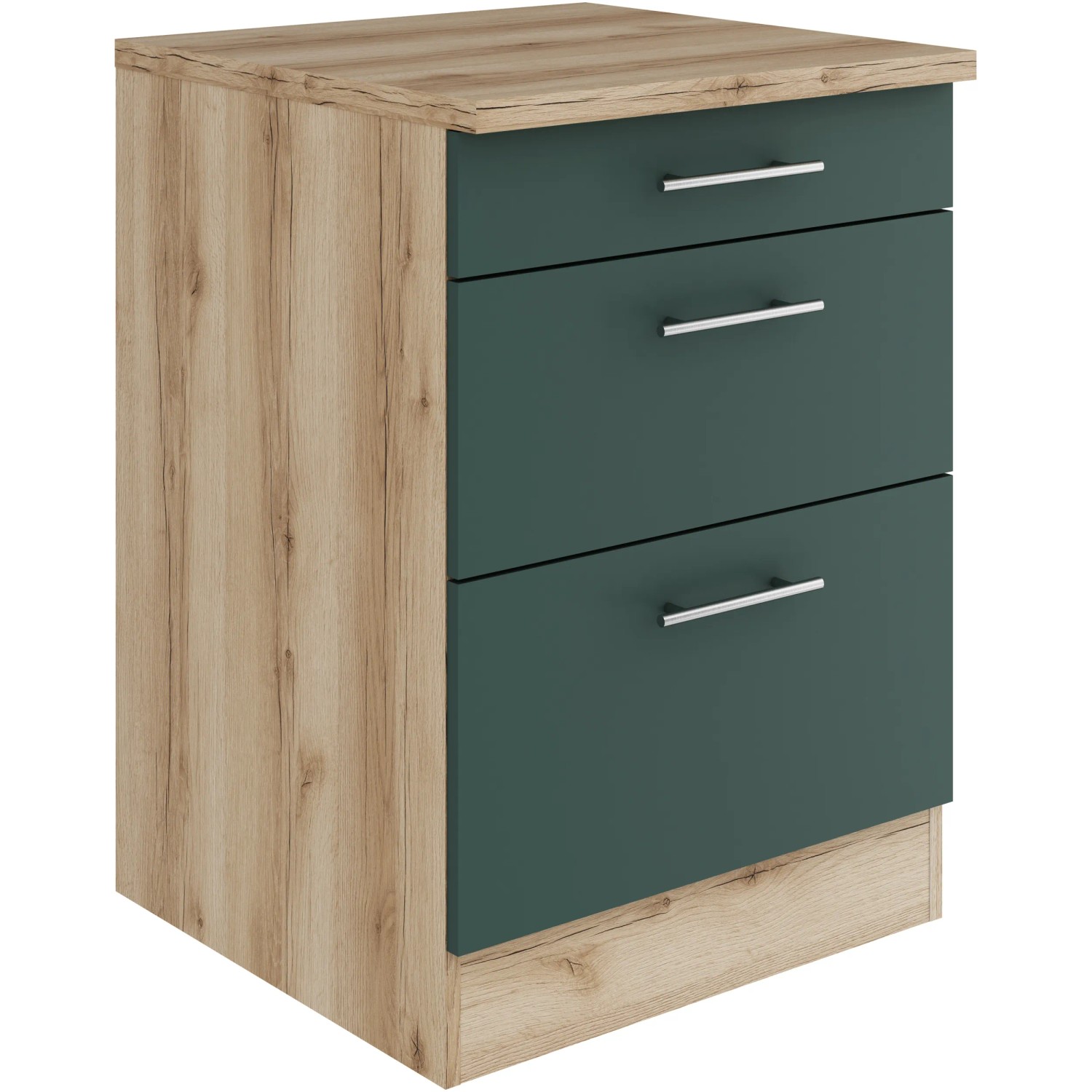 OPTIFIT Savona405 Unterschrank, 60 cm, Steingrün mit 3 Schubladen und Arbeitsplatte in Holzoptik.