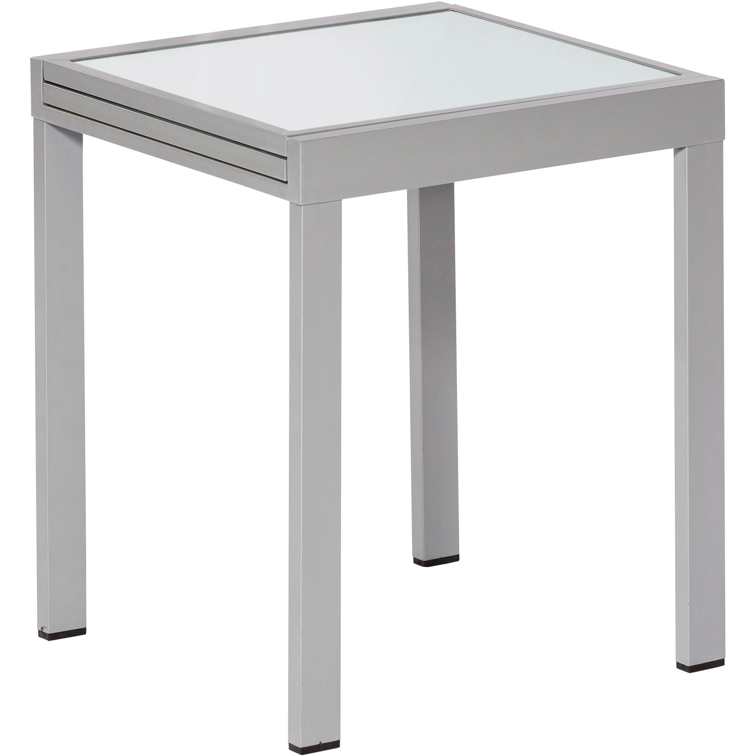Quadratischer, silberner Balkontisch mit Glasplatte, ausziehbar auf 130 cm.