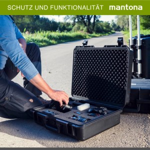 Robuster Mantona Outdoor Schutzkoffer M, offen, mit Kamera Equipment in Schaumstoffeinlagen. Ideal für sichere Aufbewahrung.