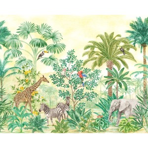 Komar Vliesfototapete Jungle Adventure mit Dschungeltieren wie Elefant, Zebra und Giraffe.