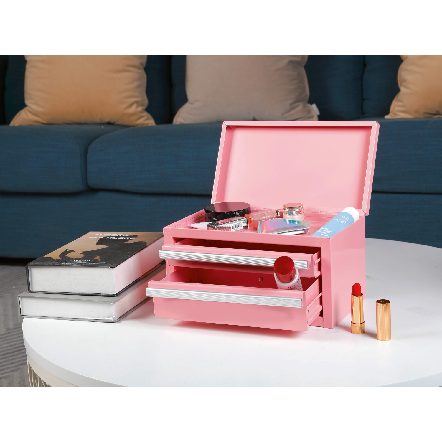Pinke Mini Toolbox mit Schubladen zur Aufbewahrung von Kleinteilen und Zubehör.
