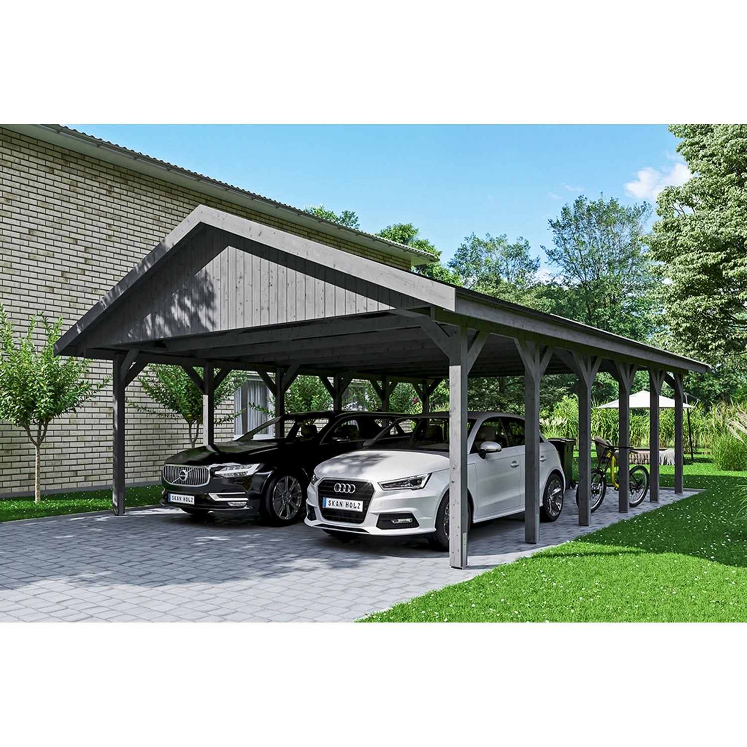 Satteldach-Carport Wallgau Schiefergrau 620 x 900 cm schwarze Schindeln günstig online kaufen