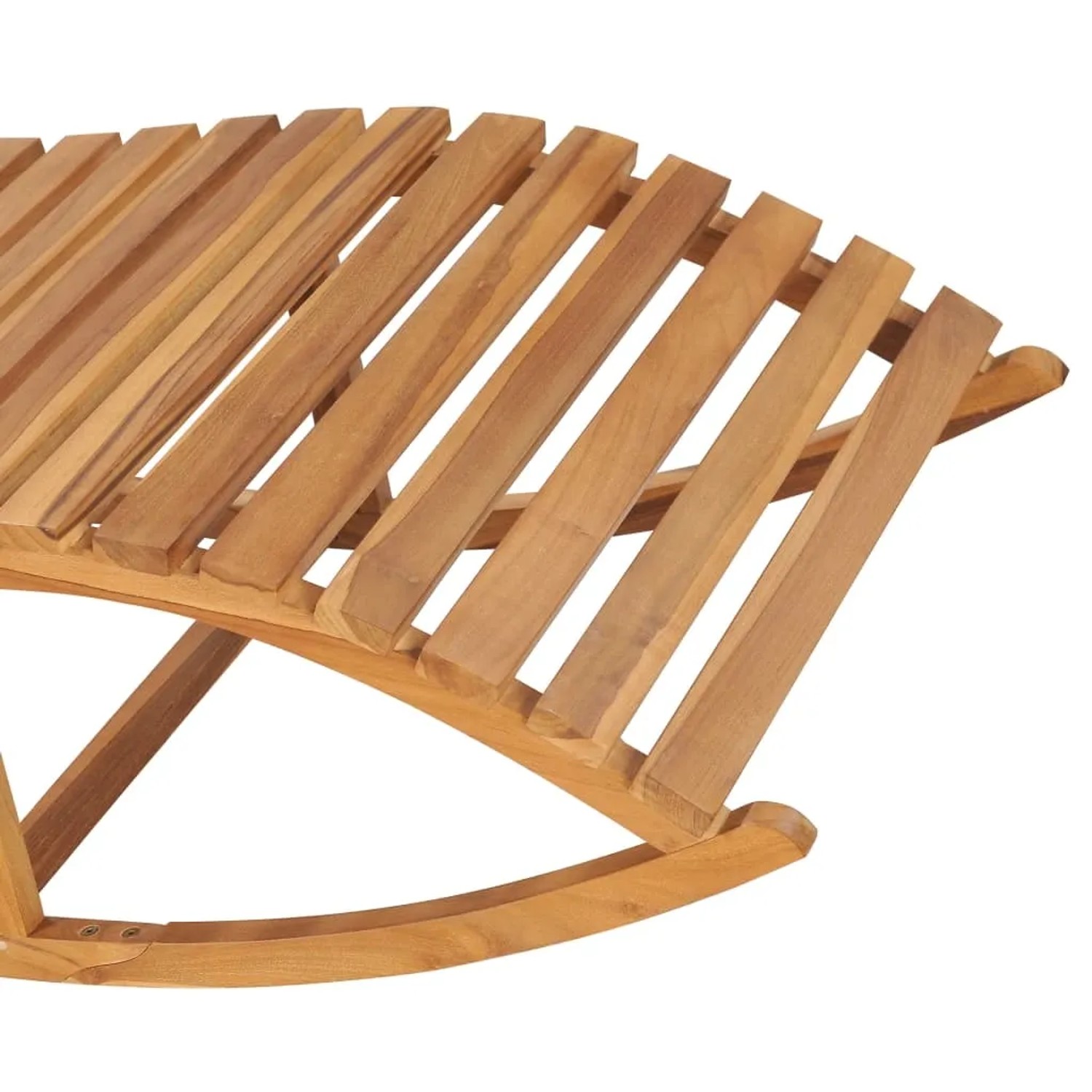 Detailansicht der Teakholz Schaukelliege mit Lattenrost. Sonnenliege für Garten und Terrasse.