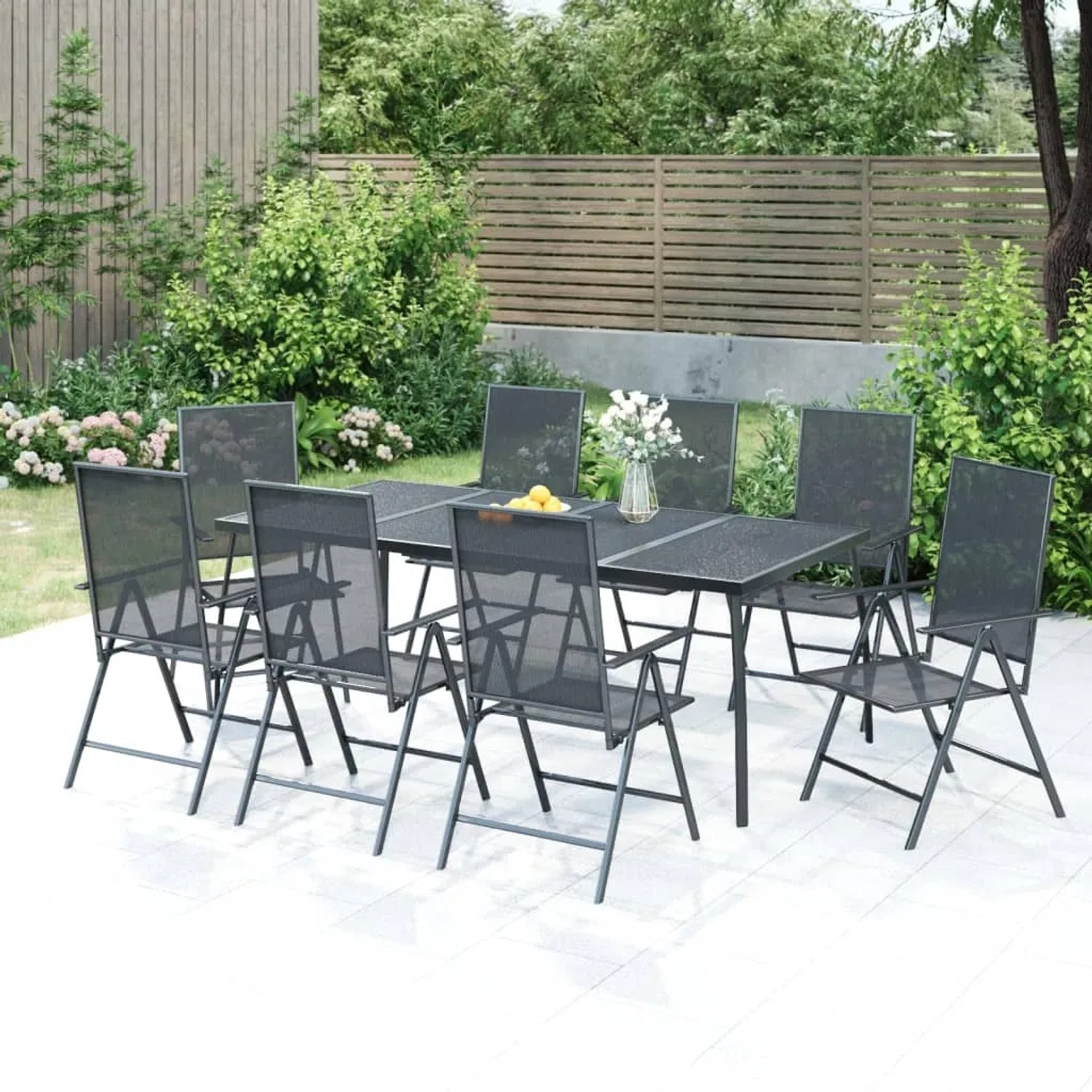 vidaXL 9-tlg. Garten-Essgruppe Anthrazit: Gartentisch mit 8 klappbaren Stühlen aus Stahl.