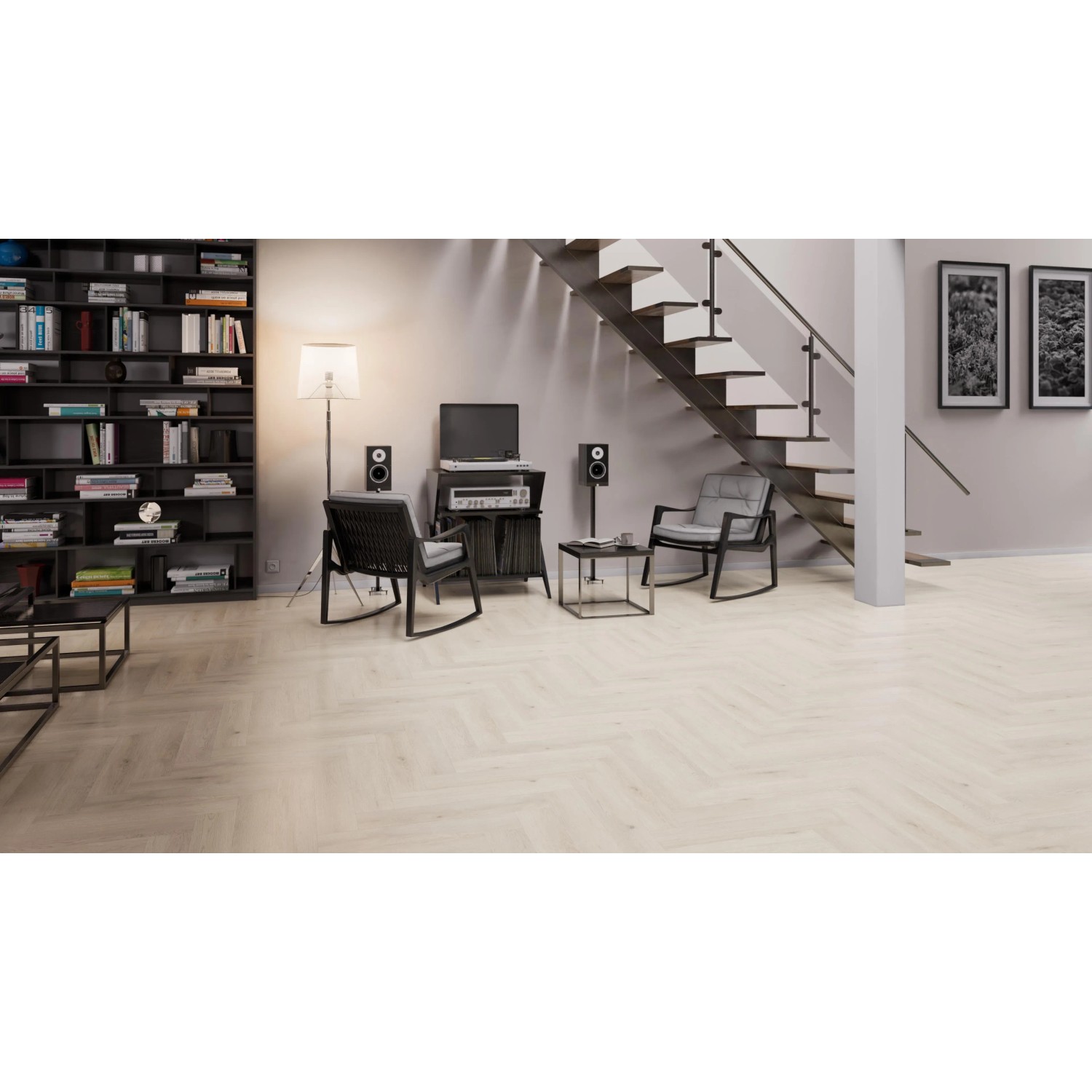 Check One Click-Vinylboden Weitenhagen Oak Herringbone im Wohnraum verlegt.