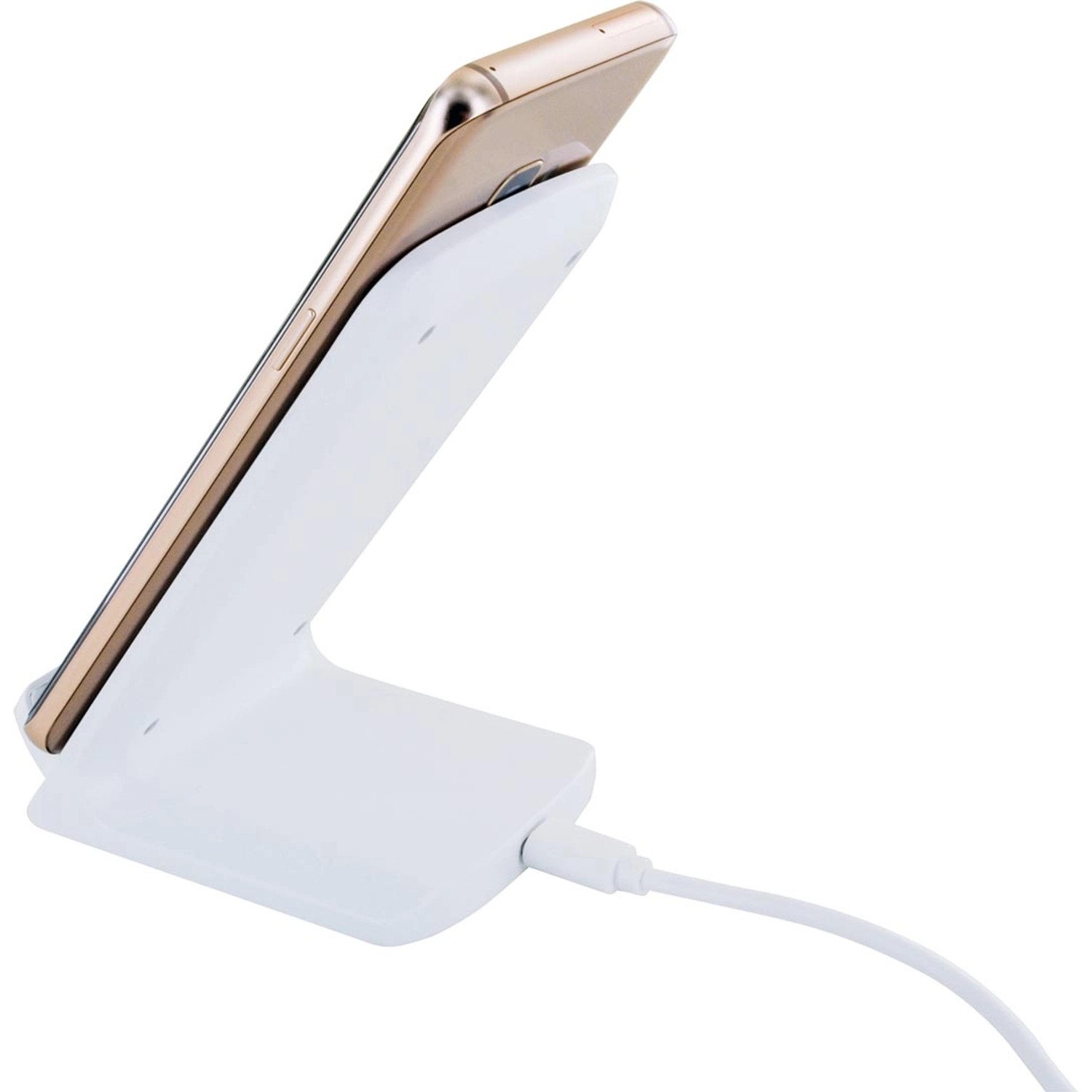 Weiße Schwaiger Qi Ladestation mit Smartphone zum kabellosen Laden.