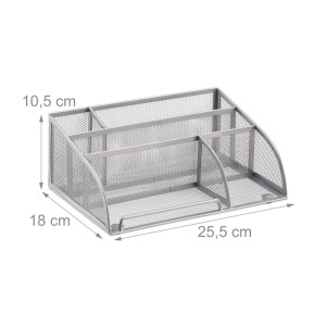 Silberner Schreibtischorganizer aus Metallgeflecht mit 5 Ablagen für Bürobedarf. Maße: 10,5x25,5x18 cm.