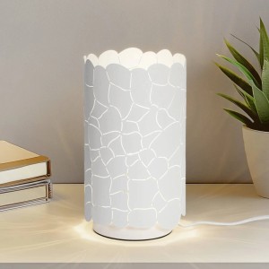 Weiße Lindby Aralena Tischlampe aus Metall mit modernem, durchbrochenem Muster. Zylindrische Design-Leuchte für Wohnzimmer, E27.