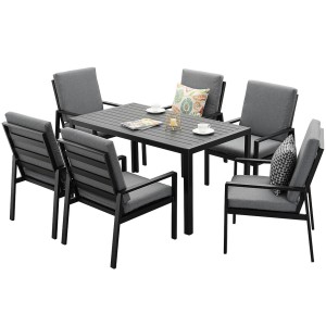 Schwarze MeXo Garten Essgruppe aus Aluminium für 6 Personen mit Tisch und grauen Sitzkissen.