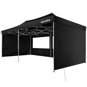 Schwarzer Faltpavillon Viola 6x3 m von Tectake mit Seitenteilen und Fenstern.