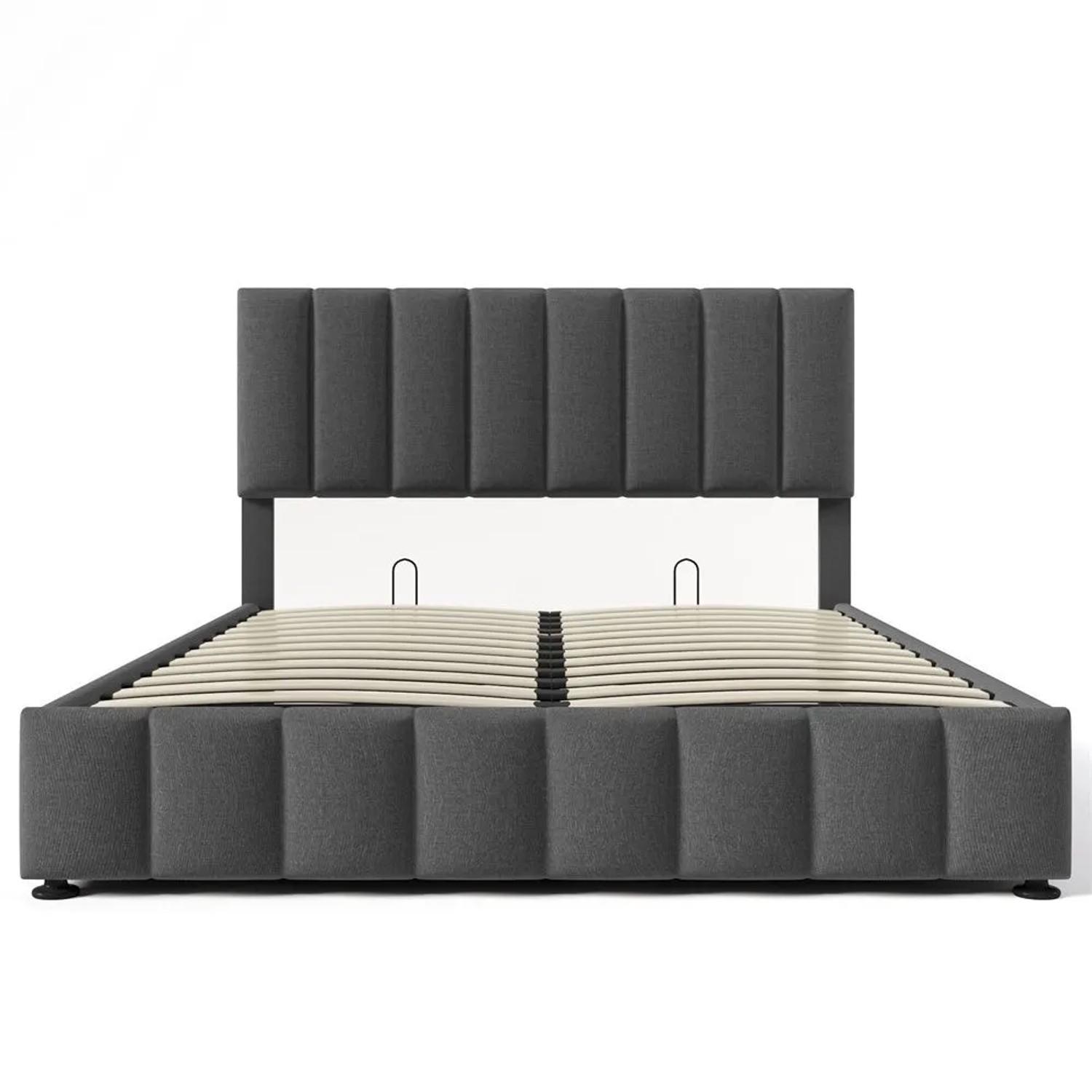 Graues gepolstertes Doppelbett 140x200 cm mit Leinenbezug, hohem Kopfteil und Metalllattenrost. Stauraumbett ohne Matratze.