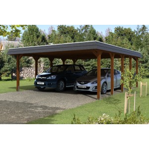 Skan Holz Doppelcarport Spreewald mit zwei parkenden Autos, Nussbaumfarbenes Holz und schwarze Blende.