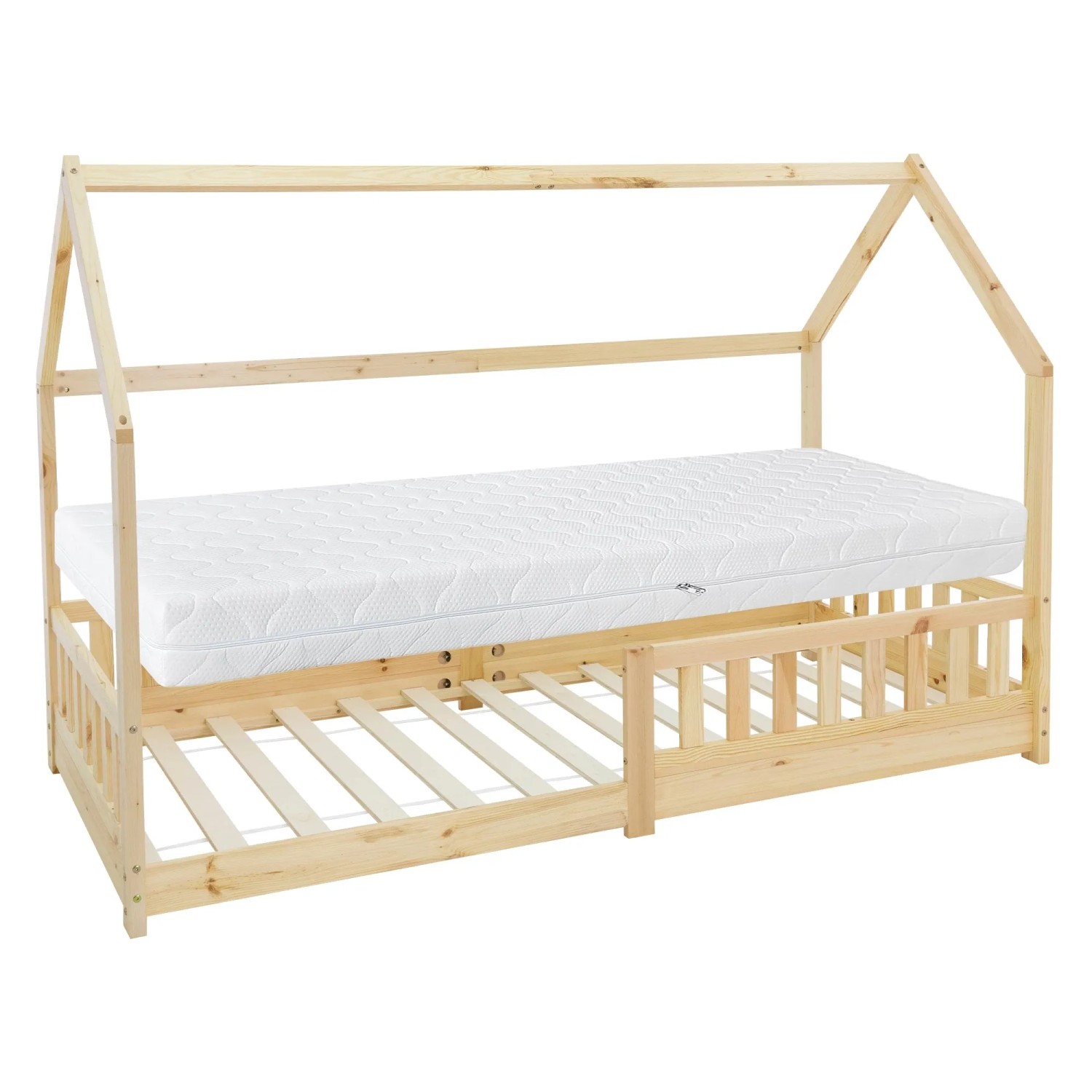 ML-Design Kinderbett 90x200 cm Natur mit Matratze H16cm Rausfallschutz