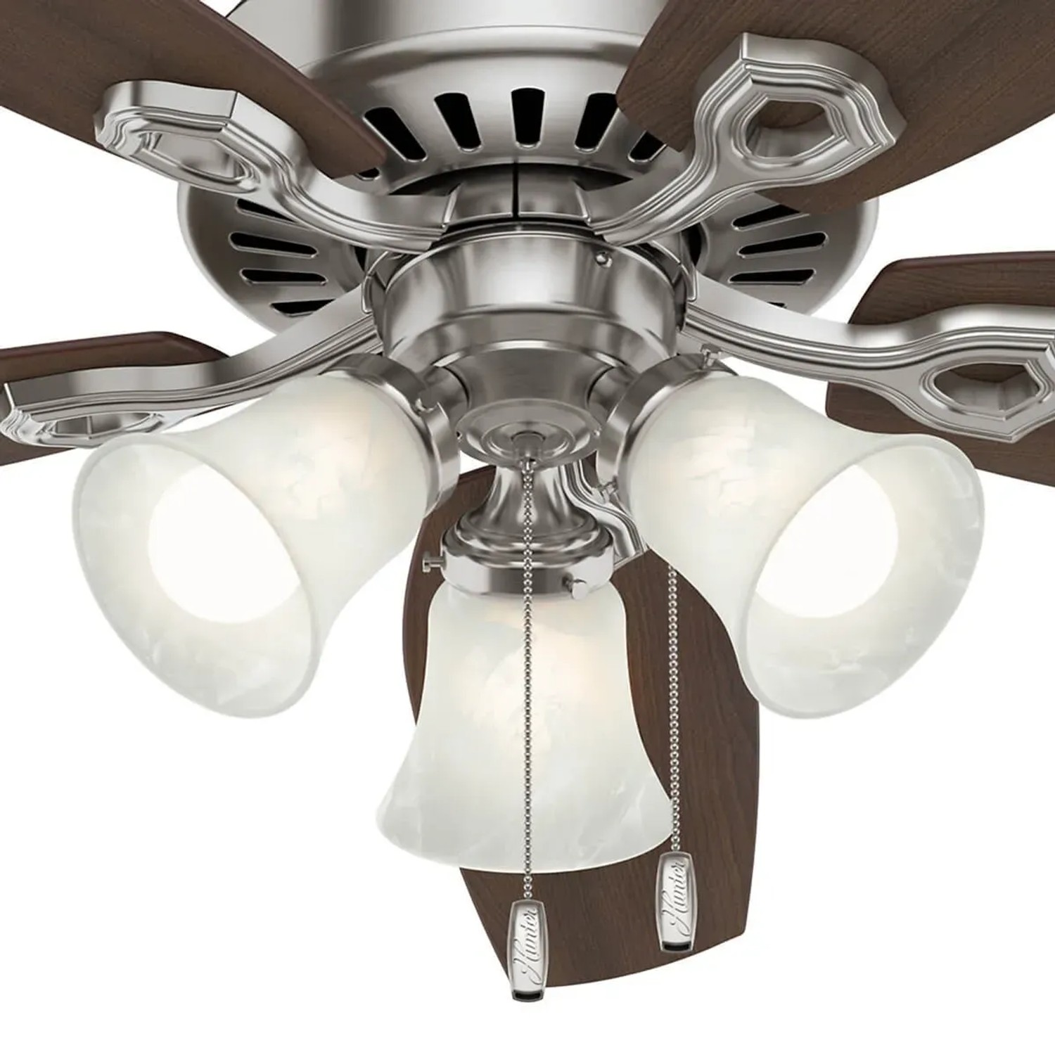 HUNTER Deckenventilator Builder Plus, 132 cm, Nickel gebürstet, mit Leuchten und Zugketten.