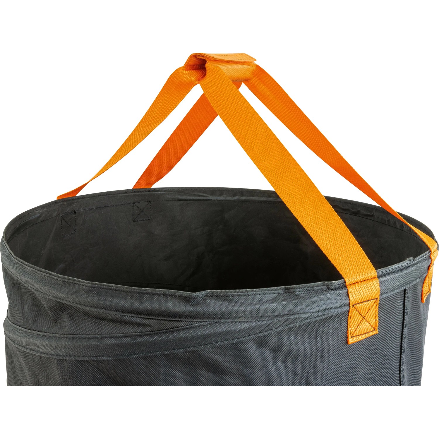 OBI Gartensack Pop-Up, 170 l, grau, mit orangen Tragegriffen. Praktischer Laubsack für Gartenabfälle.