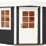 Modernes, anthrazitfarbenes Weka Holz-Gartenhaus mit Flachdach, Fenster und Tür.