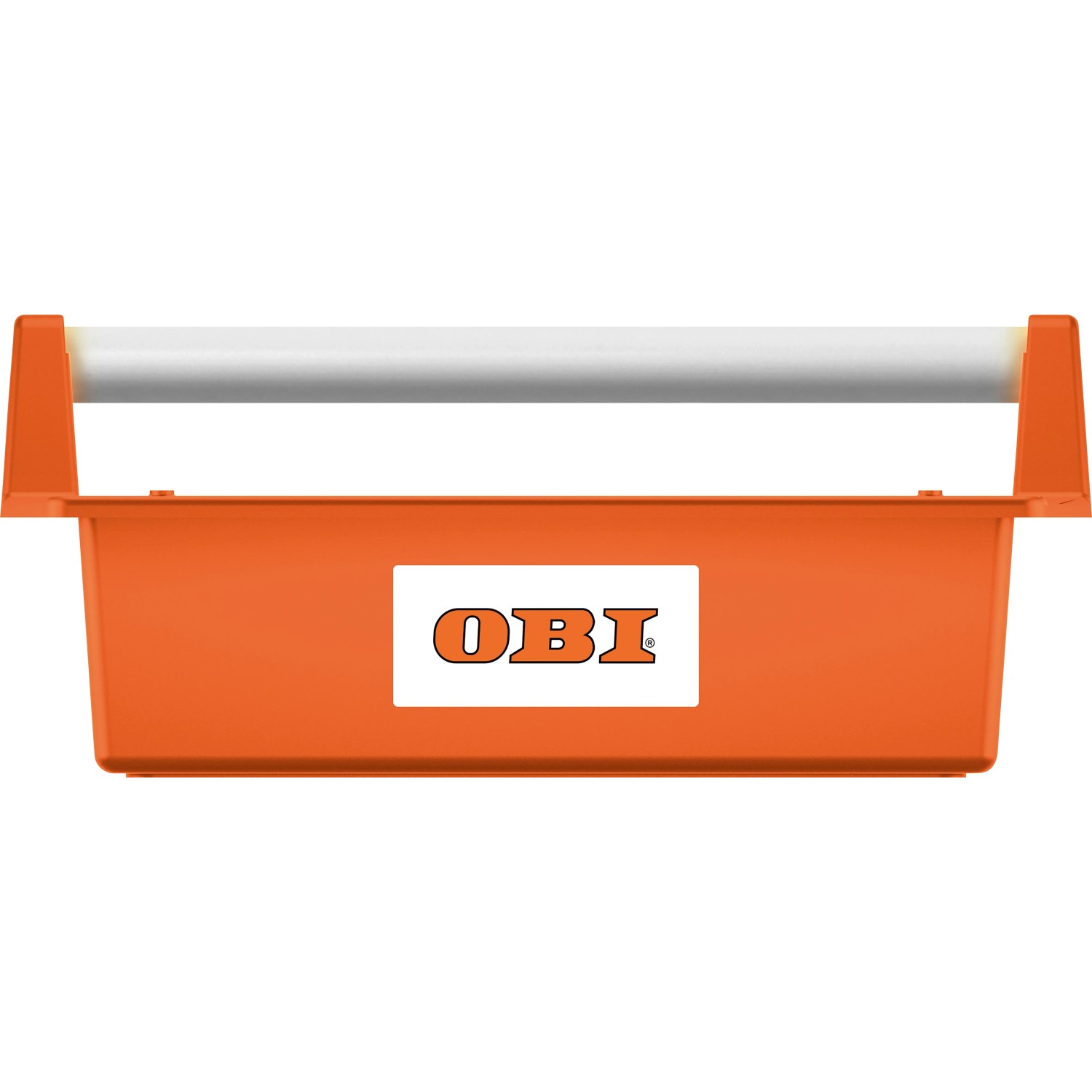 Orangefarbene OBI Werkzeugtrage aus Kunststoff mit silberfarbenem Tragegriff.