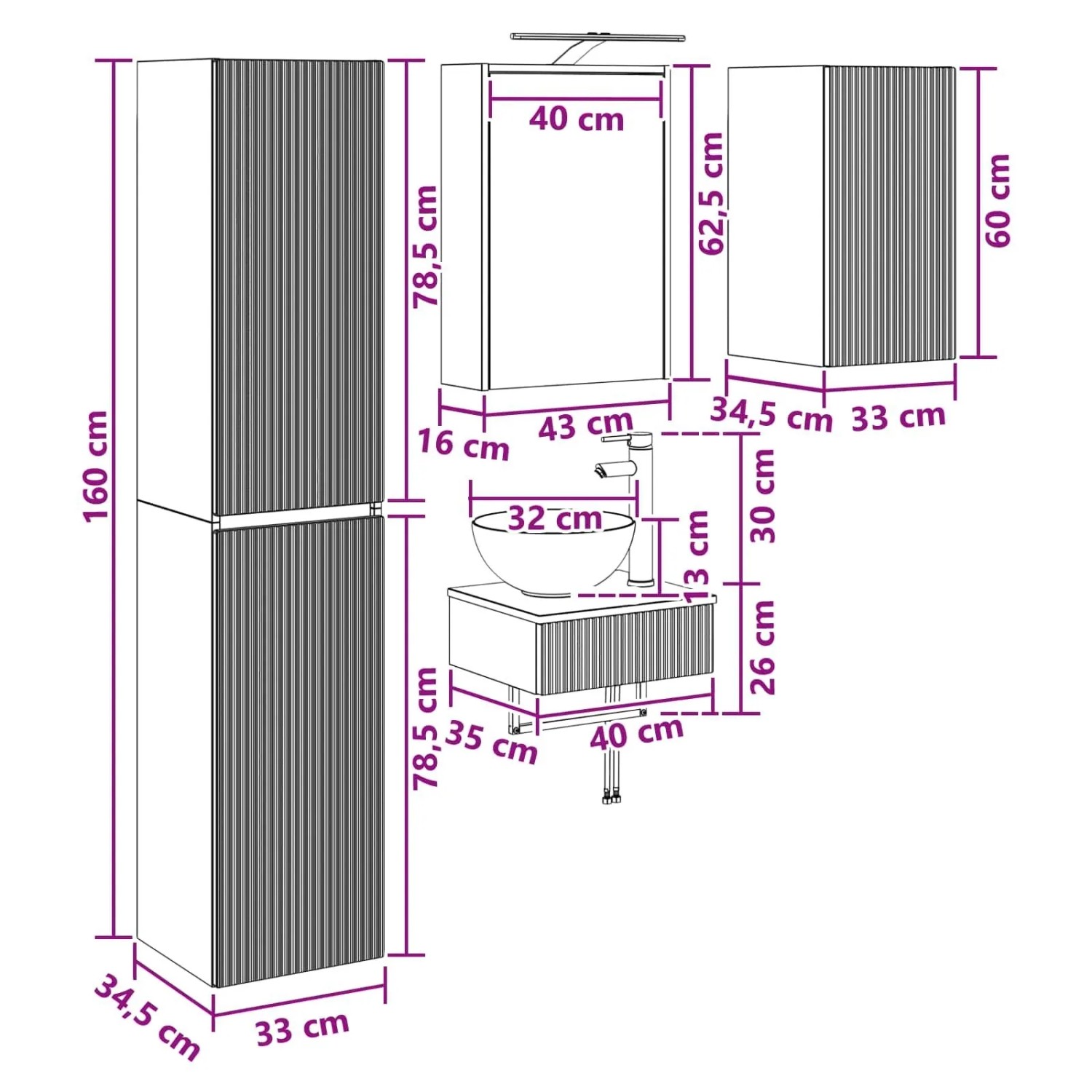 Technische Zeichnung des vidaXL 5-tlg. weißen Badmöbel-Sets: Hochschrank, Waschtisch, 2 Spiegelschränke mit Maßen.