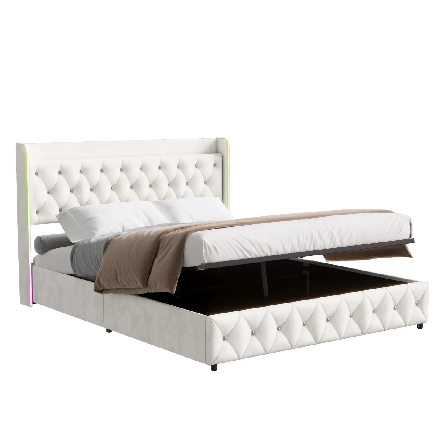 PXloue Bettrahmen Polsterbett-Stabiler Doppelbett mit Stauraum USB&LED-Beleuchtung 160 x 200cm