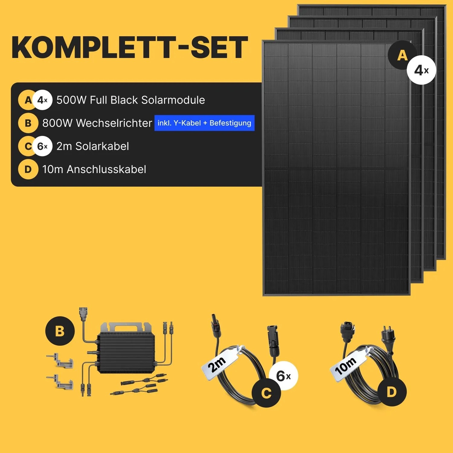 Solakon Balkonkraftwerk Komplettset: 4 schwarze Solarmodule, 800W Wechselrichter, 2m Solarkabel, 10m Anschlusskabel.