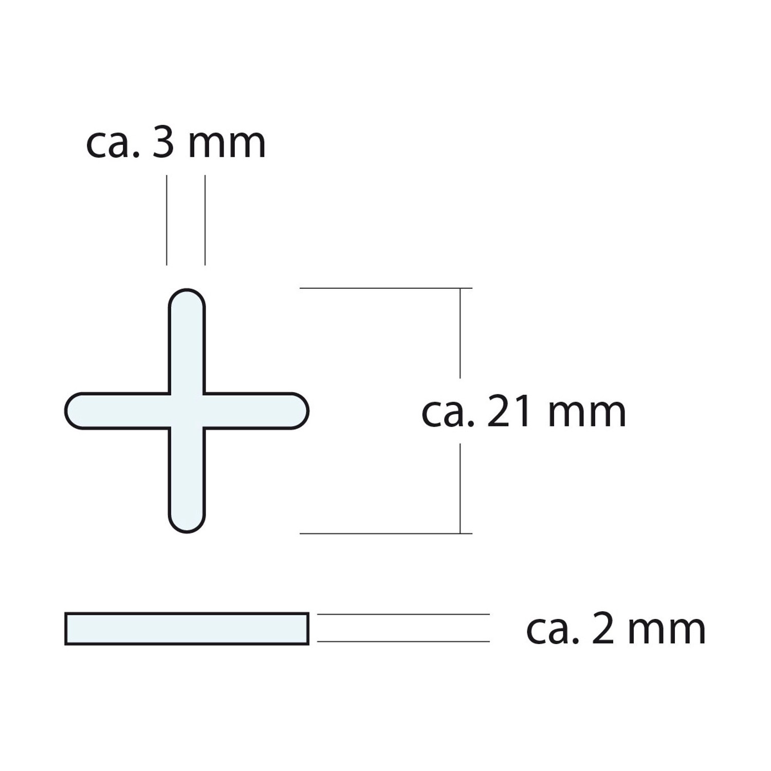Detailzeichnung: Weißes Fliesenkreuz, 3 mm Fugenbreite, 21 mm Länge, 2 mm Dicke.