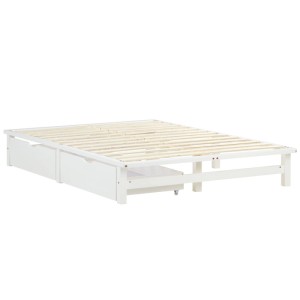 Weißes Palettenbett 140x200 cm aus Kiefernholz mit Lattenrost und 2 Bettkästen für Stauraum.