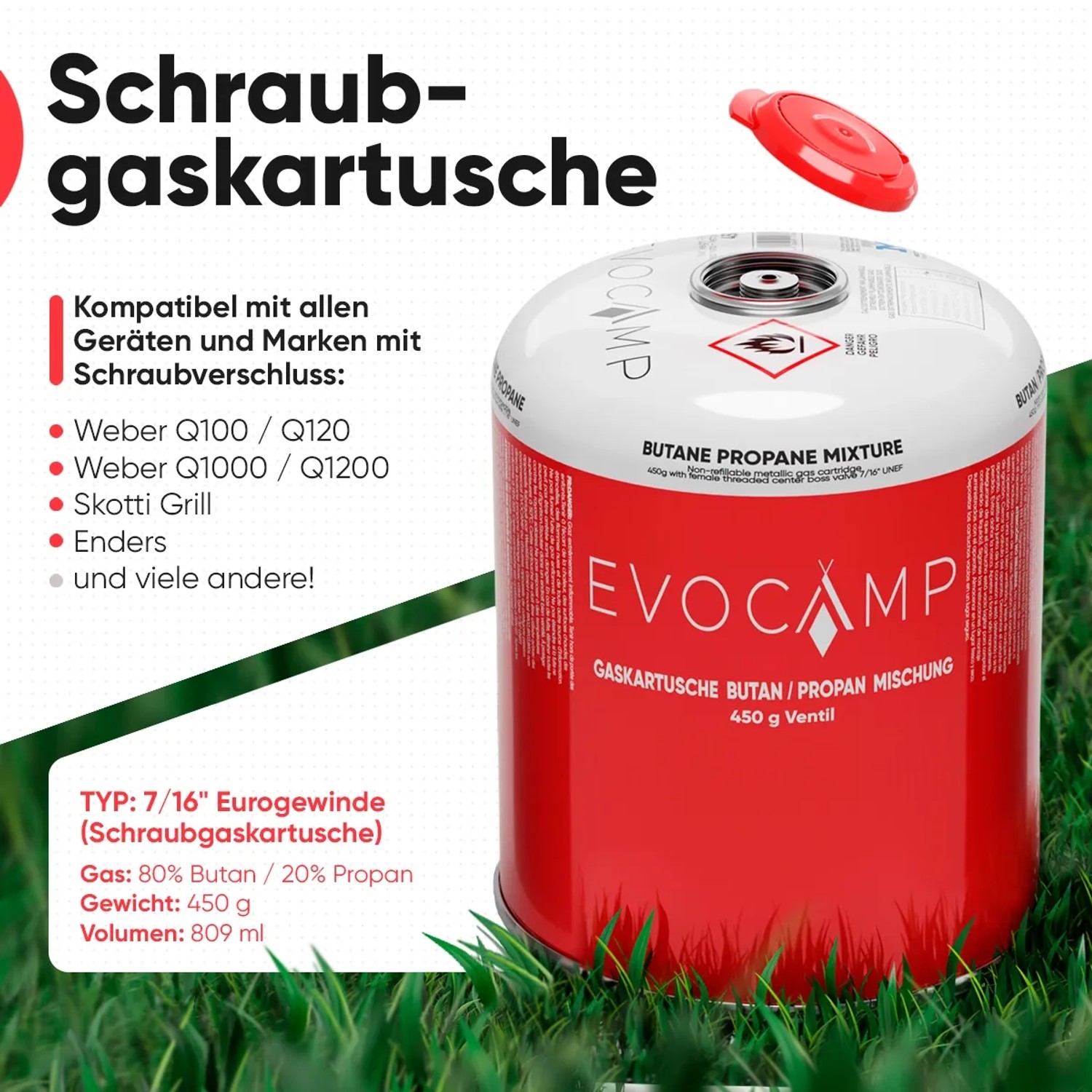Evocamp Gaskartusche, 2er-Set, 450g Propan/Butan Schraubkartusche mit Eurogewinde und Sicherheitsverschluss.