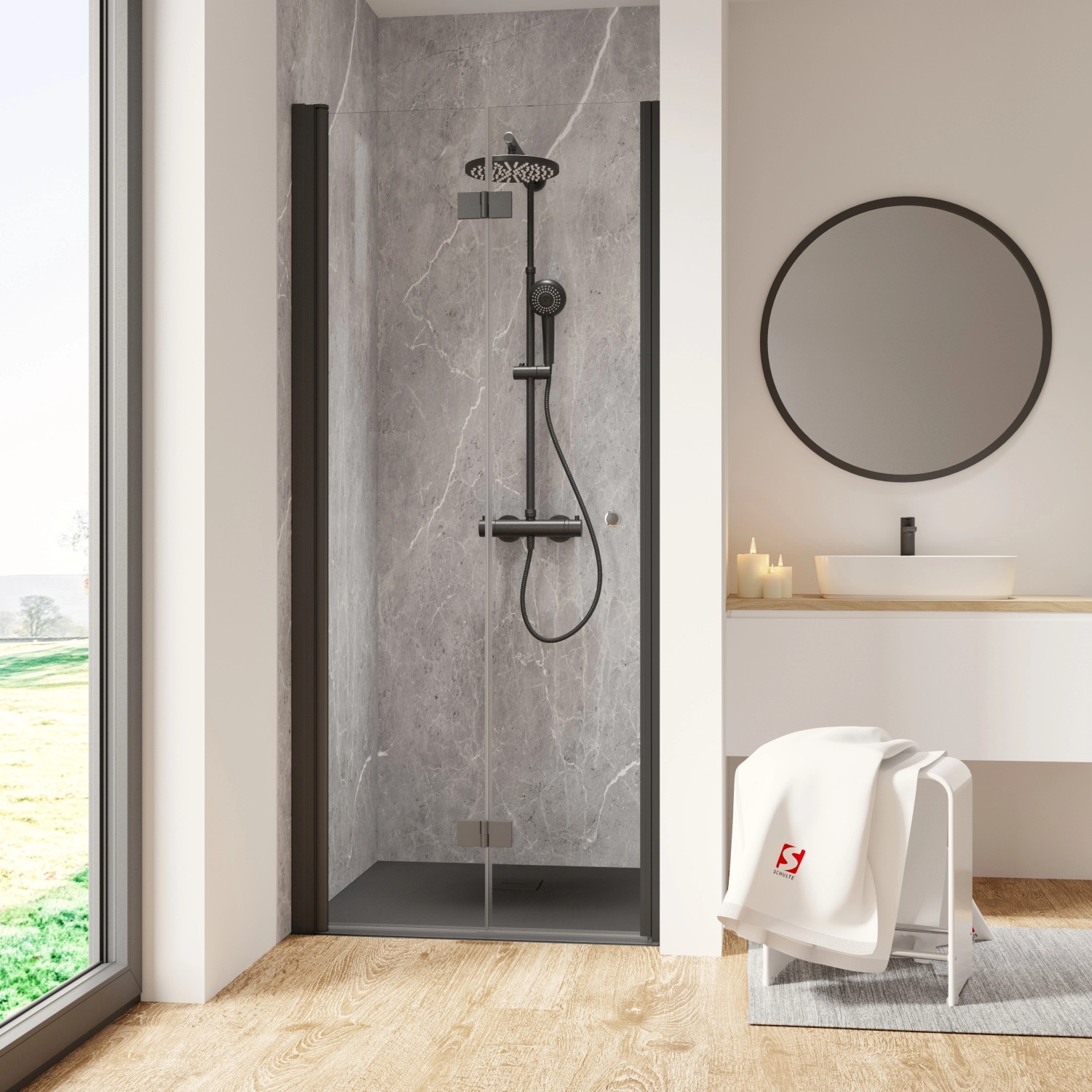 Thumbnail - Schulte ExpressPlus Drehfalttür in Nische Garant 2.0 Mattschwarz 200 cm x 90 cm