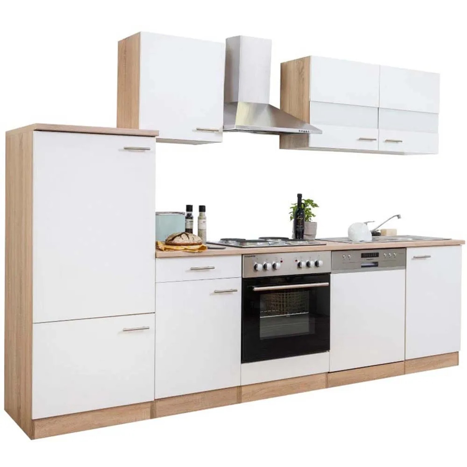 Respekta Küchenzeile LBKB280ESW, 280 cm, Weiß und Eiche Sonoma Sägerau Dekor.
