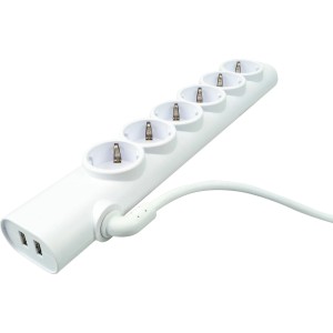 Weiße Schwaiger Steckdosenleiste mit 6 rotierbaren Steckplätzen und 2 USB-Anschlüssen.