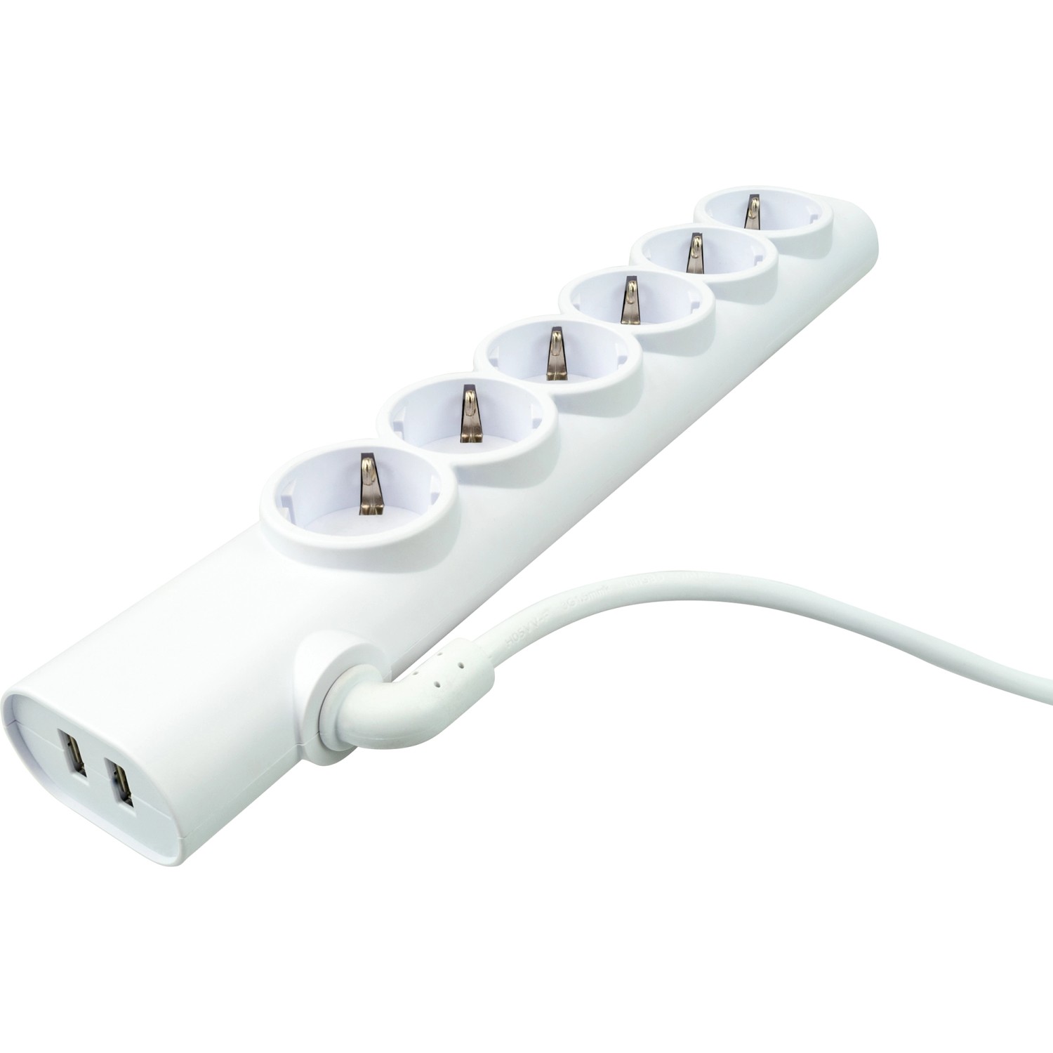 Weiße Schwaiger Steckdosenleiste mit 6 rotierbaren Steckplätzen und 2 USB-Anschlüssen.
